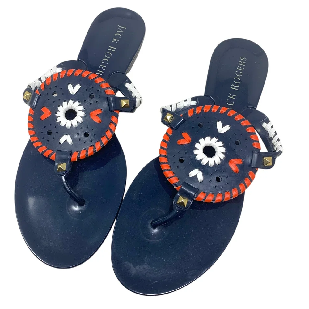 Jack Rogers Georgica Jelly Thong Sandals Sz 9 Navy Red White Medallion PVC